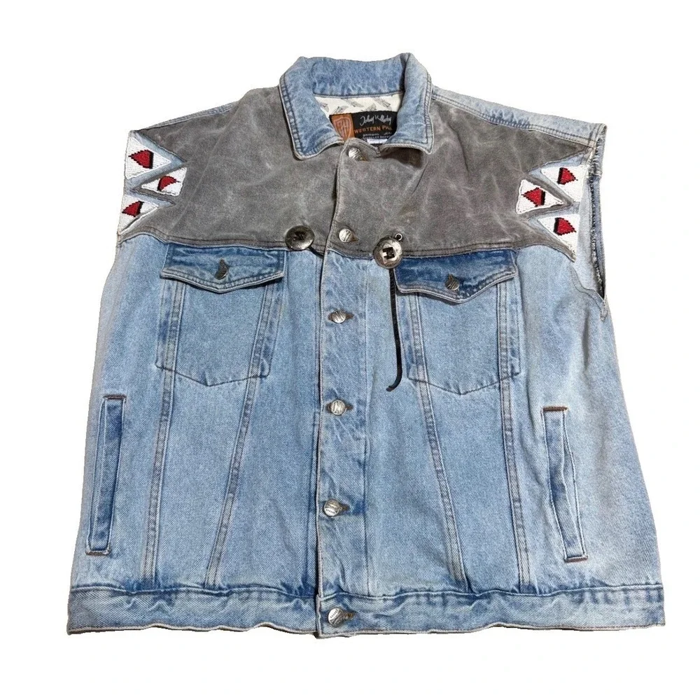 Johnny Hallyday Western Passion Vest XL Southwestern Beaded Denim Suede Blue